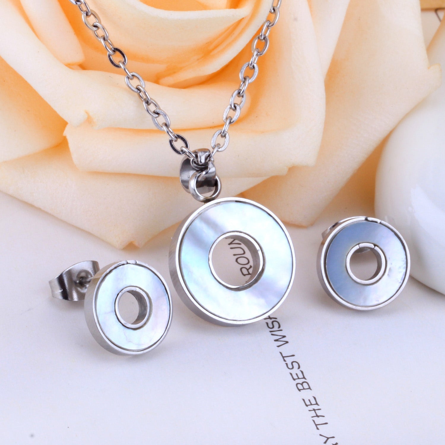 Steel/golden circle with glued circle shell jewelry set asonjewelry