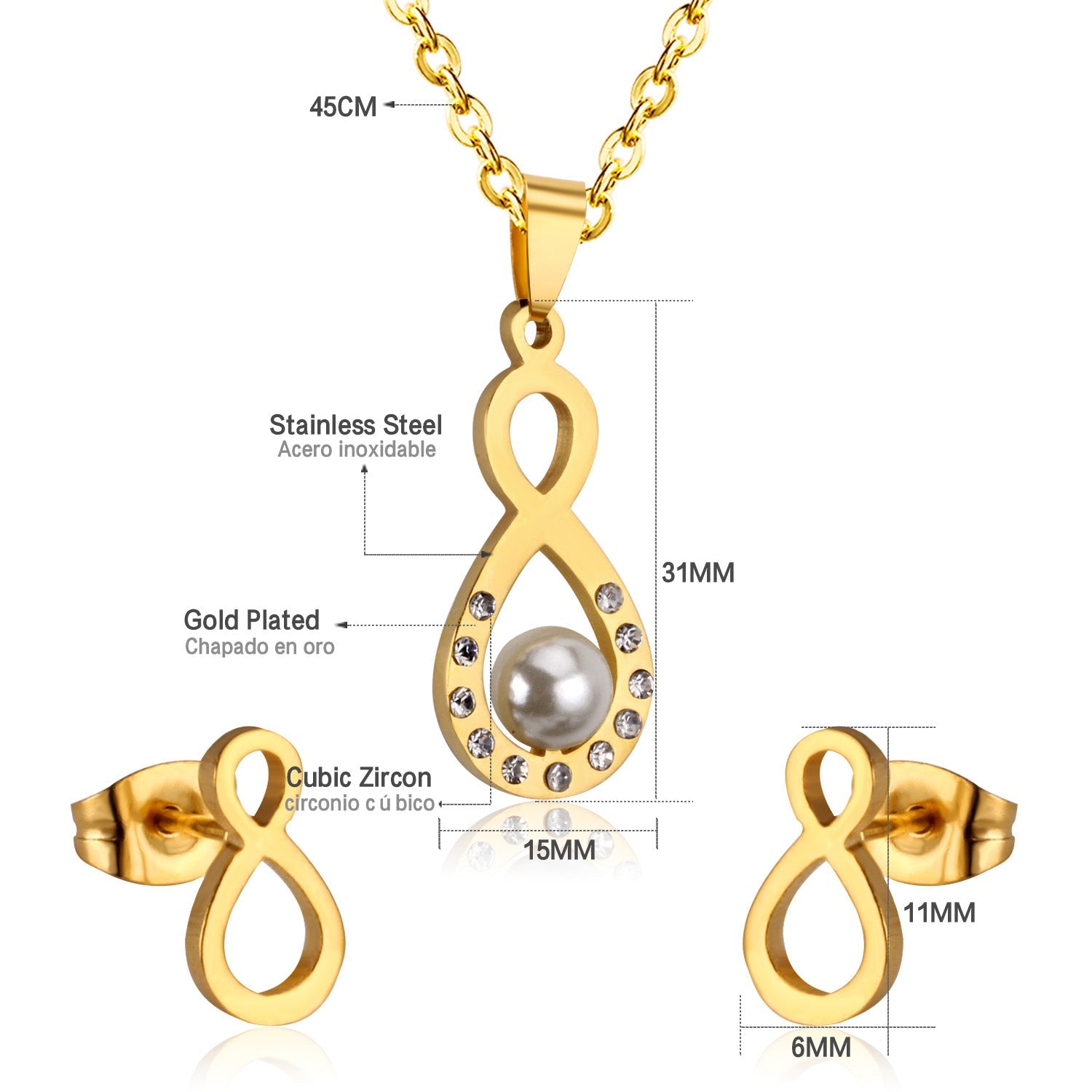 Steel/golden figure 8 cut faceted jewelry set with pearl asonjewelry