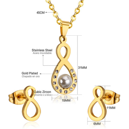 Steel/golden figure 8 cut faceted jewelry set with pearl asonjewelry