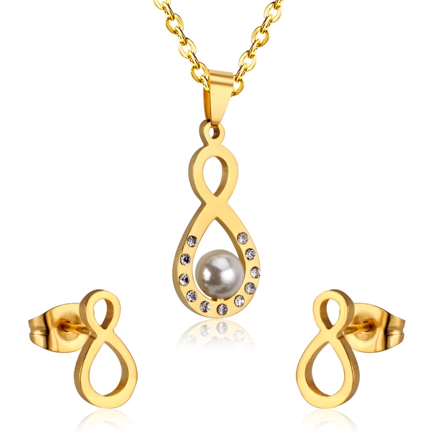 Steel/golden figure 8 cut faceted jewelry set with pearl asonjewelry