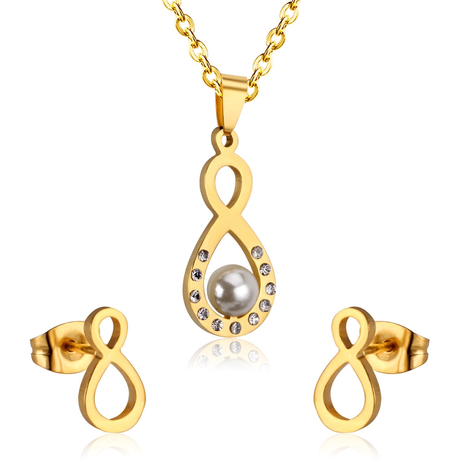 Steel/golden figure 8 cut faceted jewelry set with pearl asonjewelry