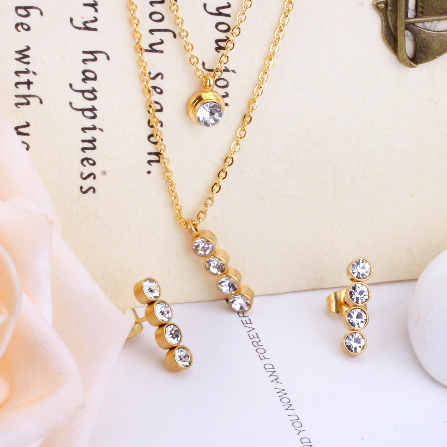 Steel/Gold Double Chain Pendant Set with Diamonds asonjewelry