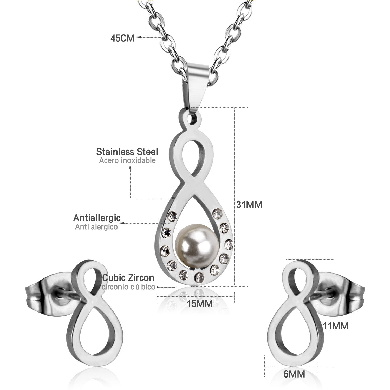 Steel/golden figure 8 cut faceted jewelry set with pearl asonjewelry