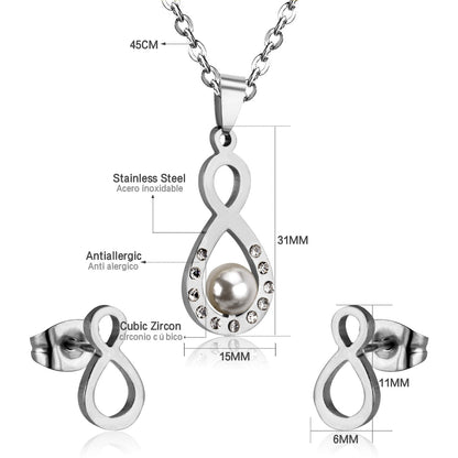 Steel/golden figure 8 cut faceted jewelry set with pearl asonjewelry