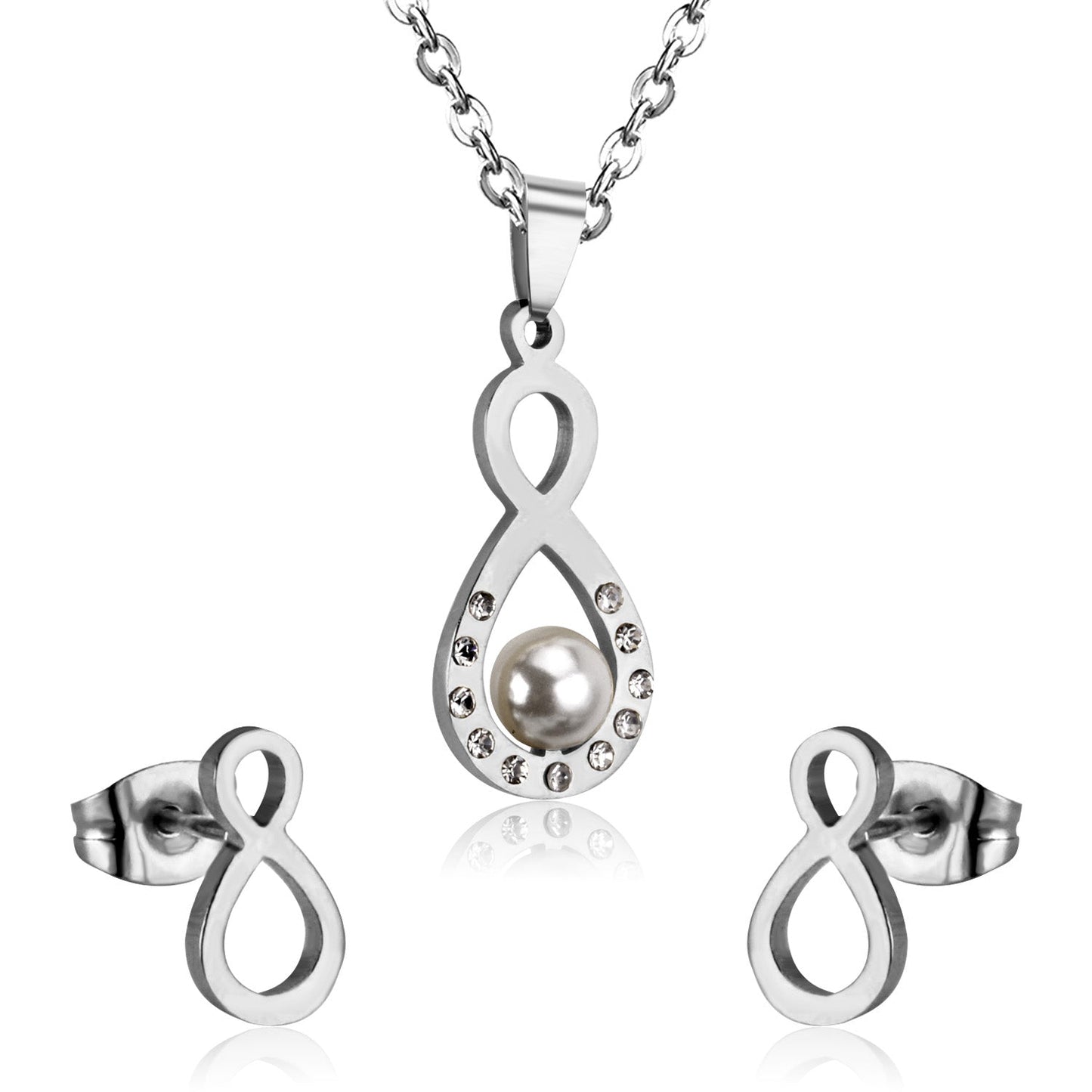 Steel/golden figure 8 cut faceted jewelry set with pearl asonjewelry