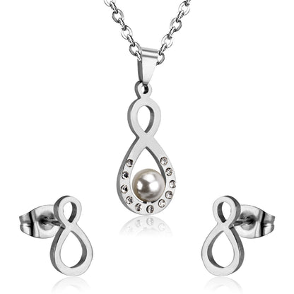 Steel/golden figure 8 cut faceted jewelry set with pearl asonjewelry