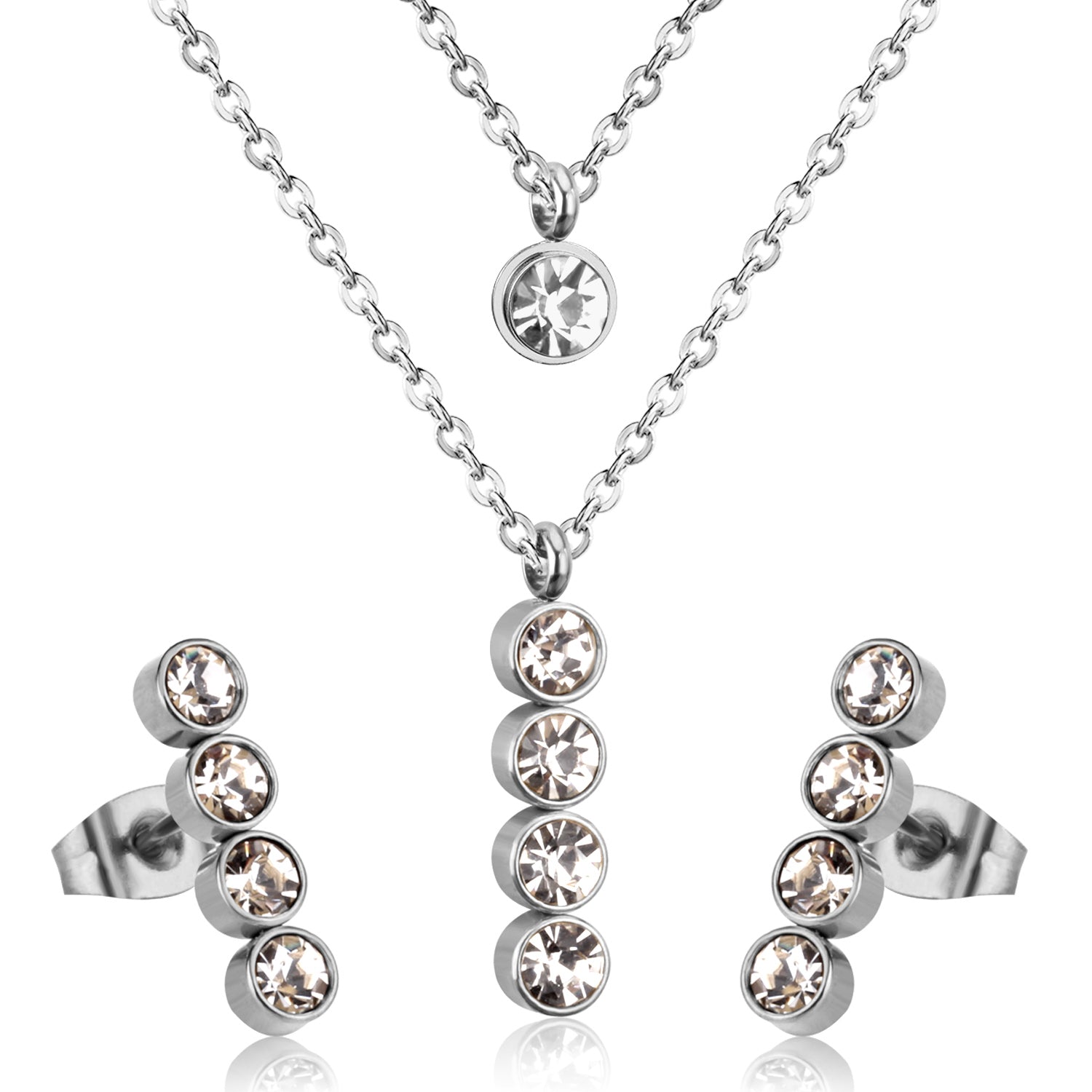Steel/Gold Double Chain Pendant Set with Diamonds asonjewelry