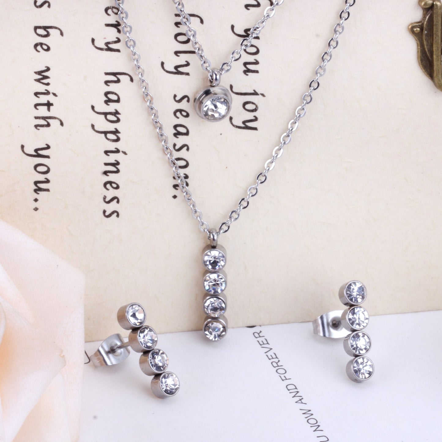 Steel/Gold Double Chain Pendant Set with Diamonds asonjewelry