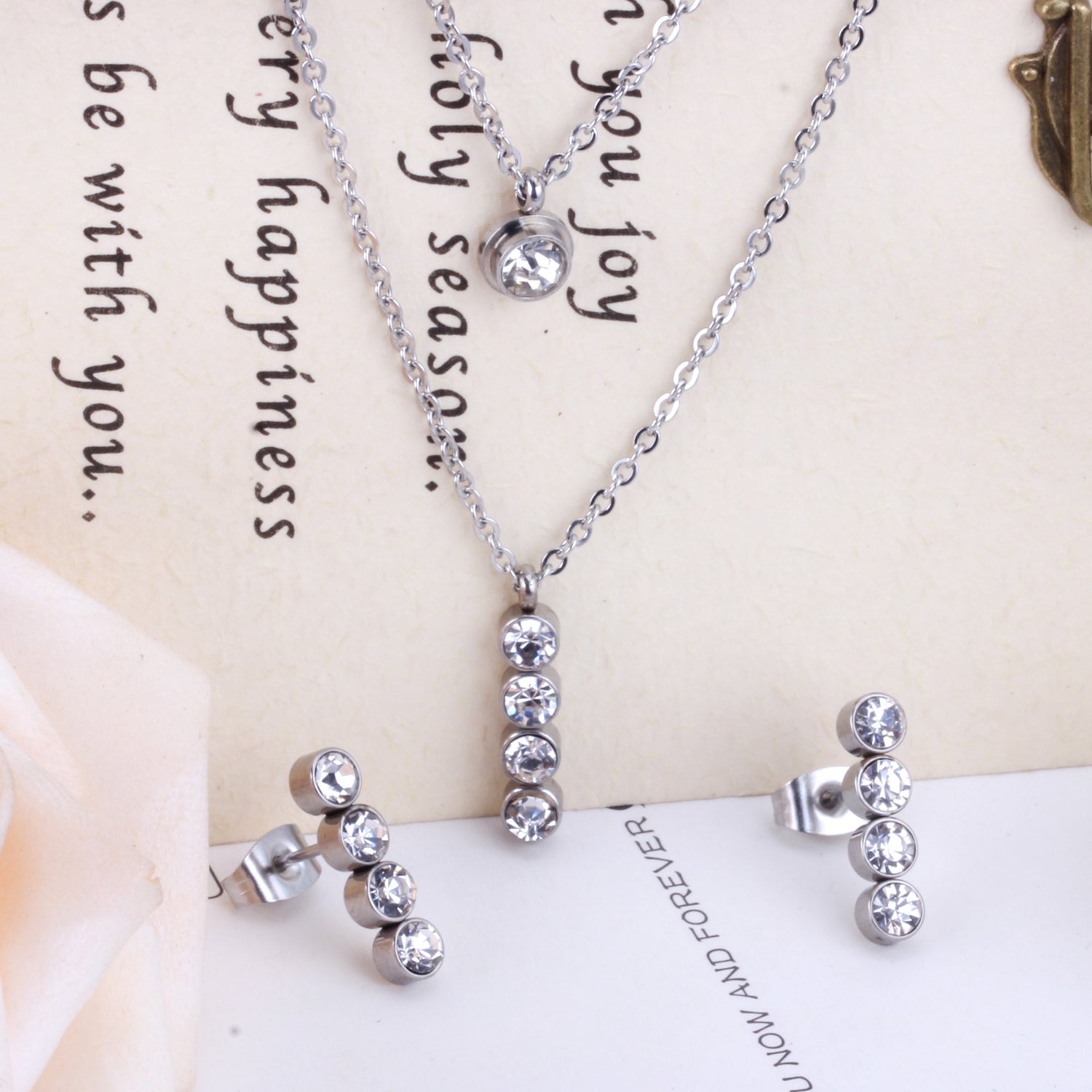 Steel/Gold Double Chain Pendant Set with Diamonds asonjewelry