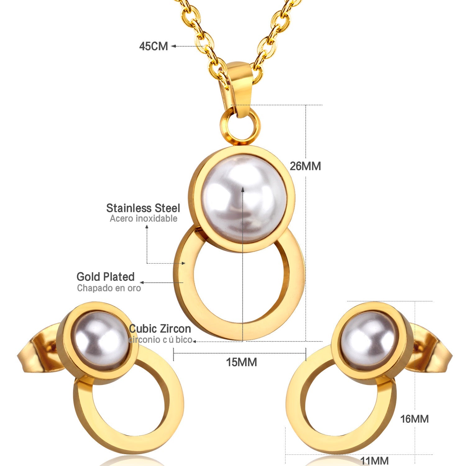 Steel/golden figure 8 shape with pearl + wisp round jewelry set asonjewelry