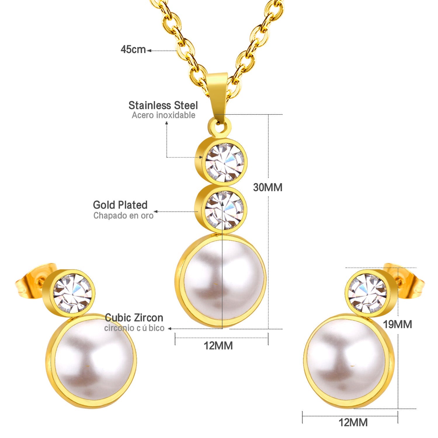 Gold/steel-colored sticky pearls set + two small round cakes topped with diamonds asonjewelry