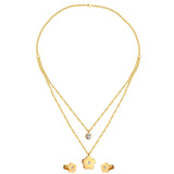 Steel/Gold Double Chain Pendant Jewelry Set with Diamonds in the Center with Five Flowers