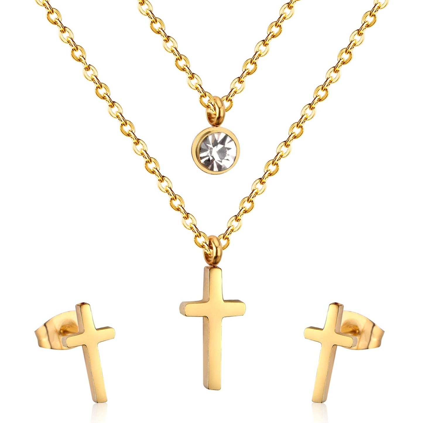 Steel/gold double chain pendant jewelry set with diamonds in the shape of a polished cross + diamonds on one chain asonjewelry