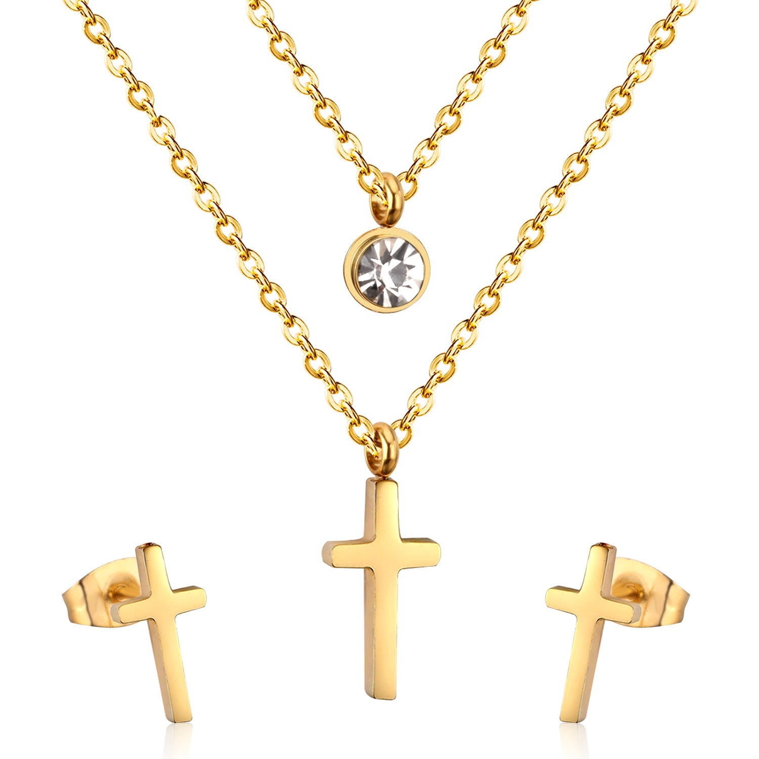 Steel/gold double chain pendant jewelry set with diamonds in the shape of a polished cross + diamonds on one chain asonjewelry
