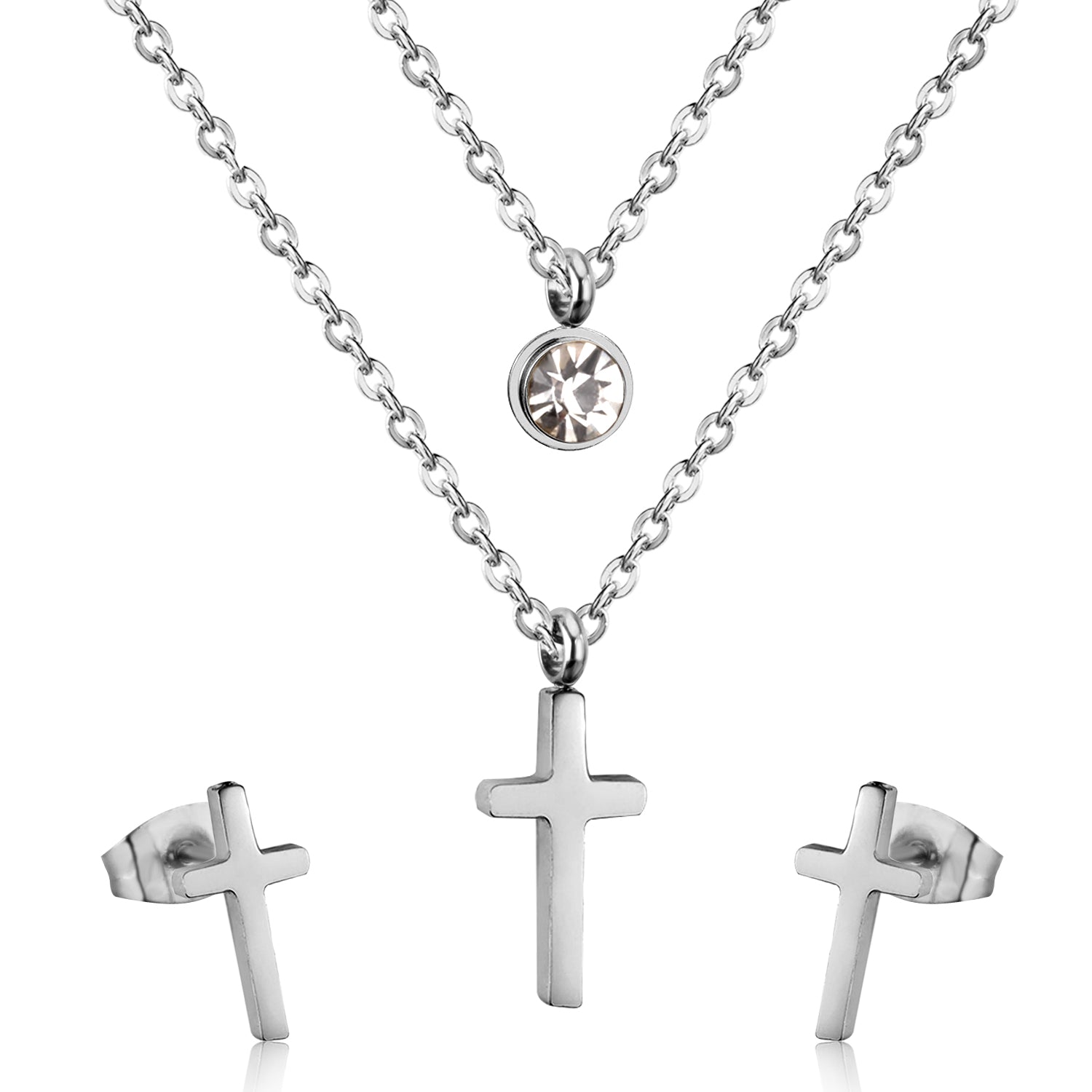 Steel/gold double chain pendant jewelry set with diamonds in the shape of a polished cross + diamonds on one chain asonjewelry