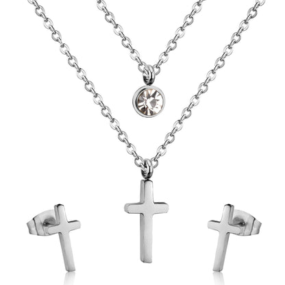 Steel/gold double chain pendant jewelry set with diamonds in the shape of a polished cross + diamonds on one chain asonjewelry
