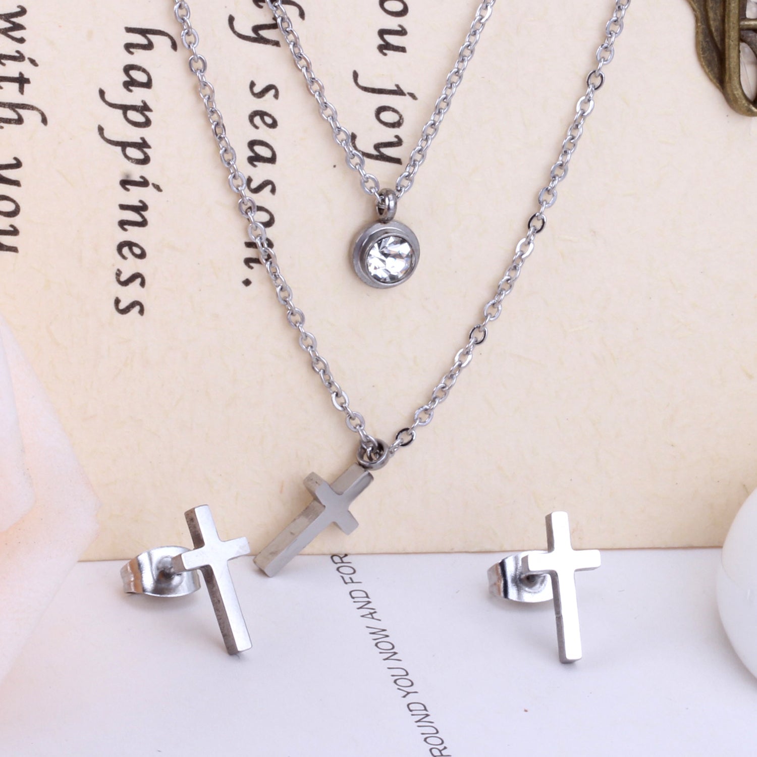 Steel/gold double chain pendant jewelry set with diamonds in the shape of a polished cross + diamonds on one chain asonjewelry