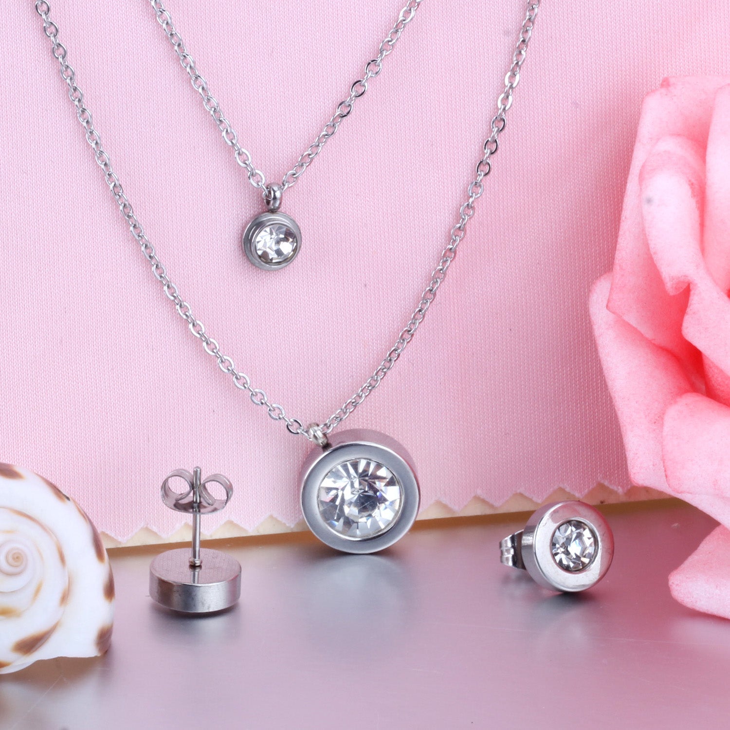 Steel/Golden Double Chain Pendant Jewelry Set with White Diamonds + Diamonds on Two Chains asonjewelry