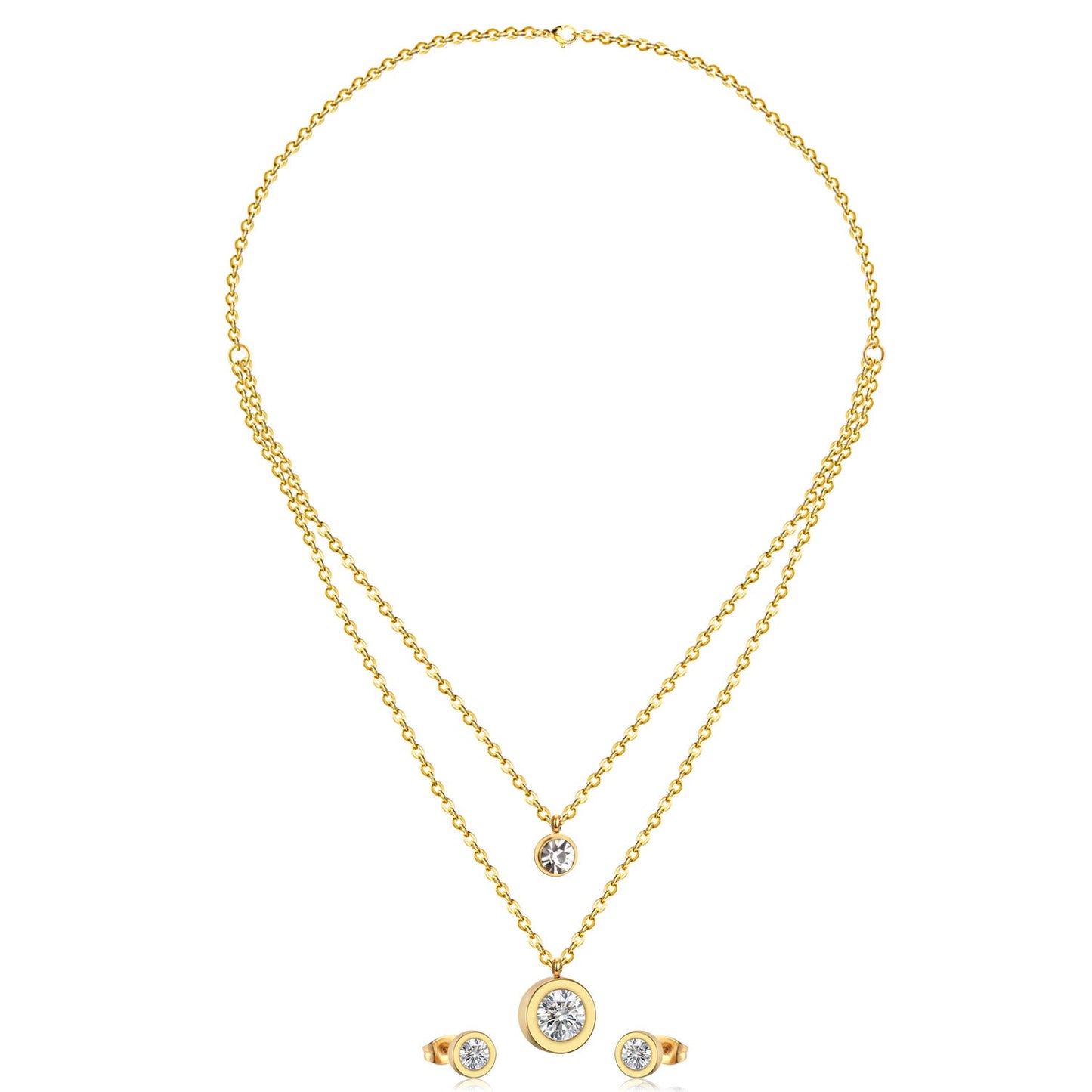 Steel/Golden Double Chain Pendant Jewelry Set with White Diamonds + Diamonds on Two Chains asonjewelry