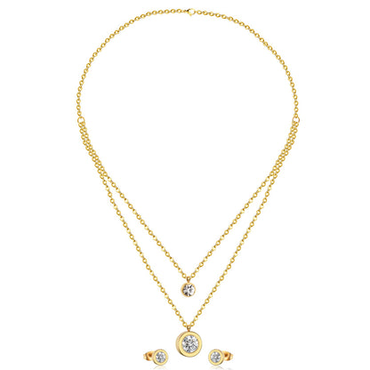 Steel/Golden Double Chain Pendant Jewelry Set with White Diamonds + Diamonds on Two Chains asonjewelry