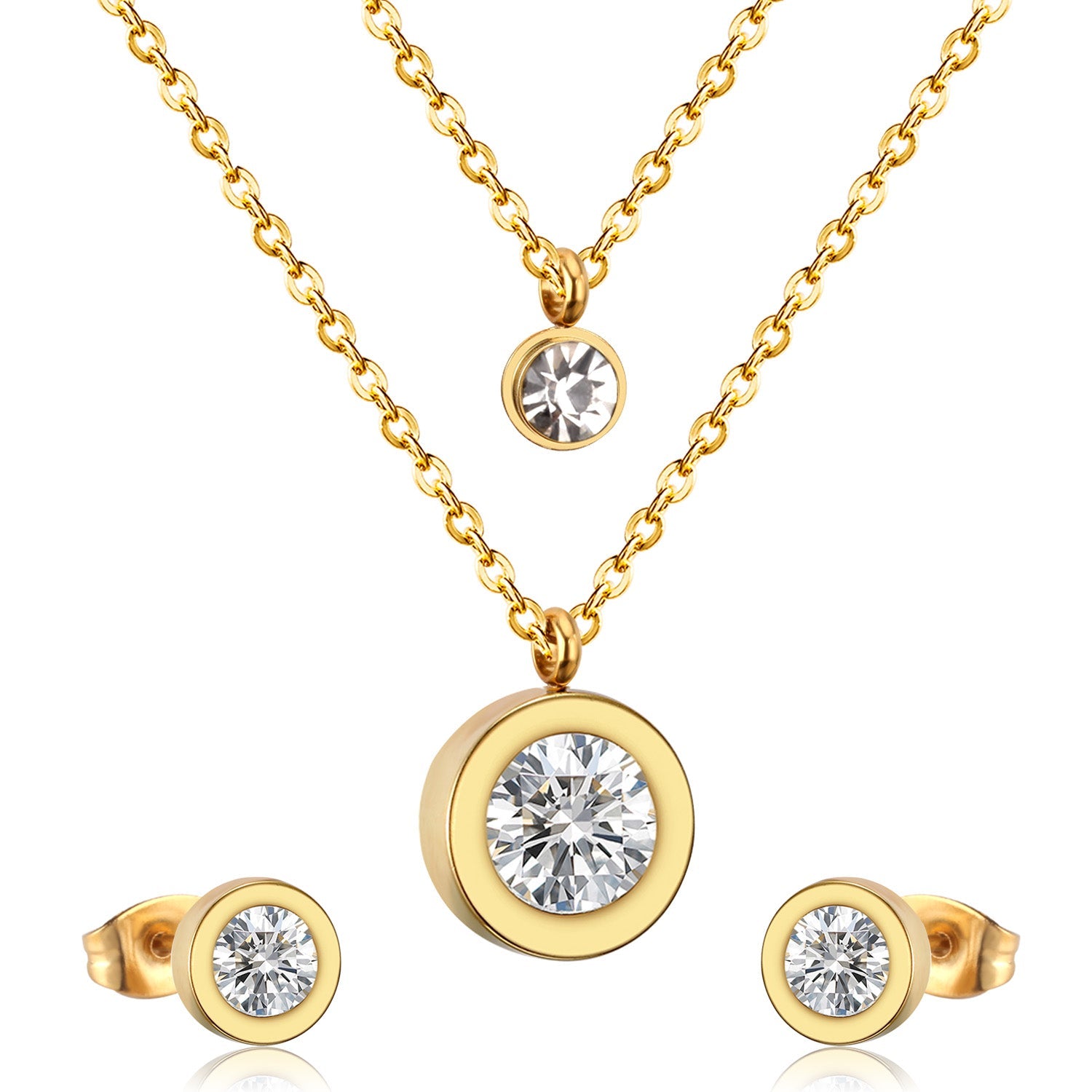 Steel/Golden Double Chain Pendant Jewelry Set with White Diamonds + Diamonds on Two Chains asonjewelry