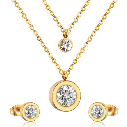 Steel/Golden Double Chain Pendant Jewelry Set with White Diamonds + Diamonds on Two Chains asonjewelry