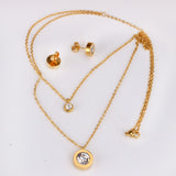 Steel/Golden Double Chain Pendant Jewelry Set with White Diamonds + Diamonds on Two Chains