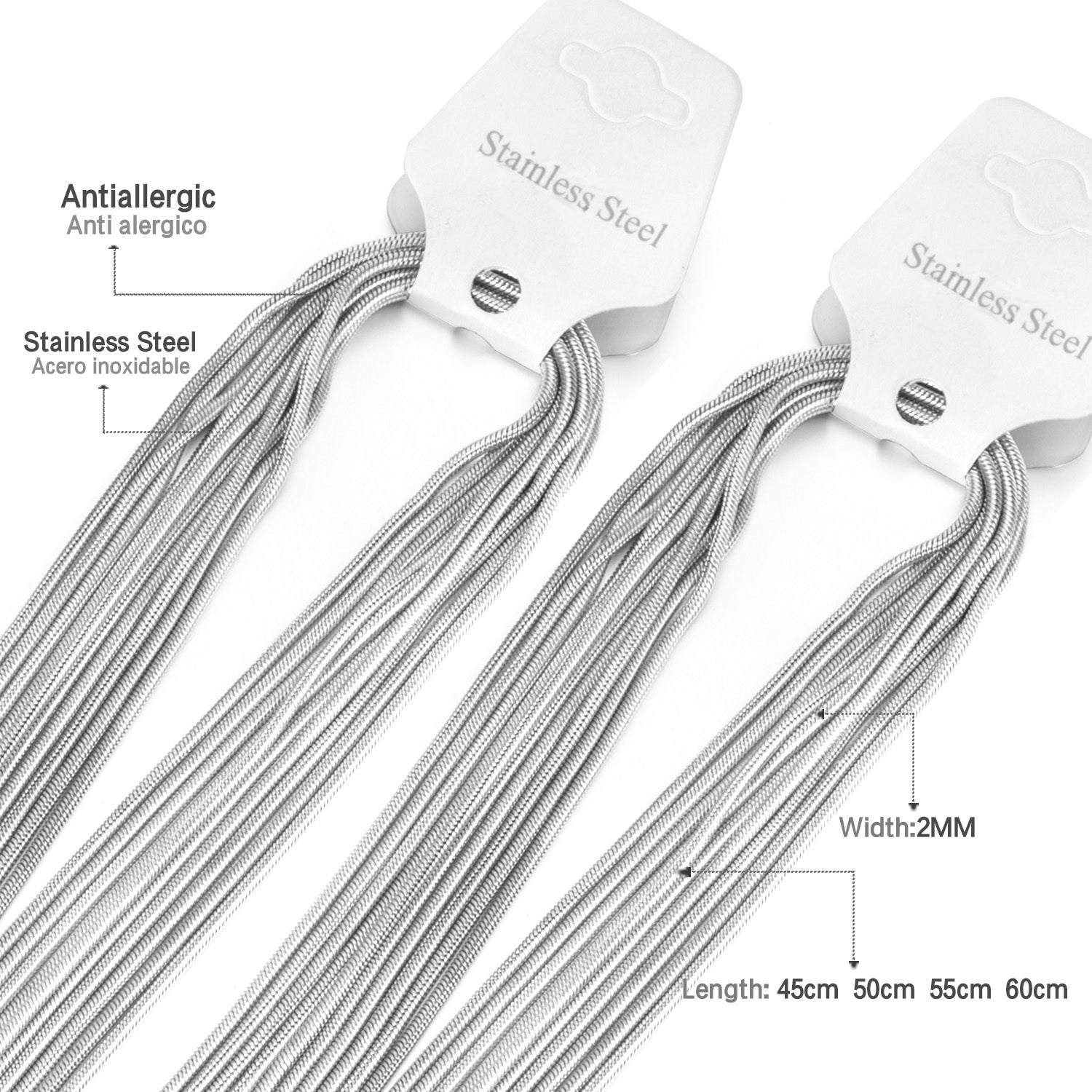 ASON 10pcs/bulk long necklace collar 2mm*45cm & 3mm*45cm round snake with chain steel color & gold color stainless steel necklace wholesale asonjewelry