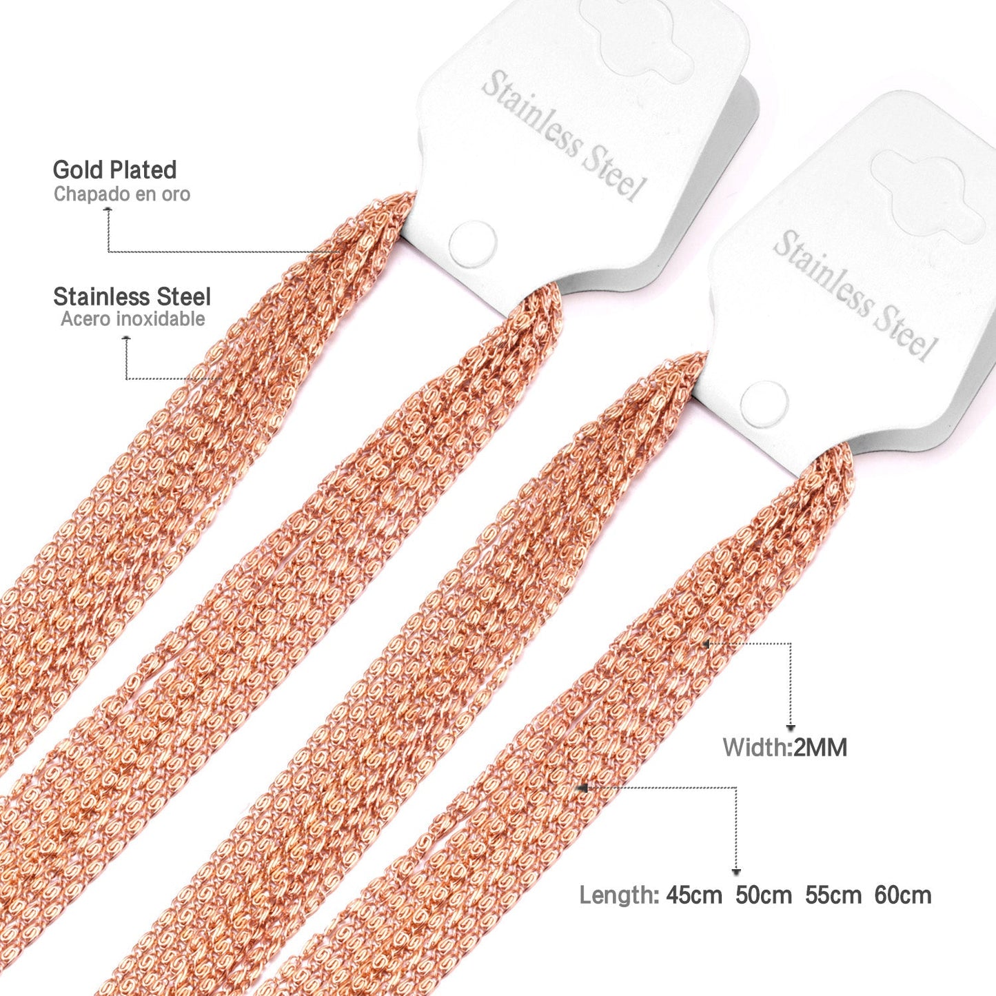 ASON 10pcs / 2mm*45cm 50cm 55cm 60cm U-Shape Stainless Steel Chains asonjewelry