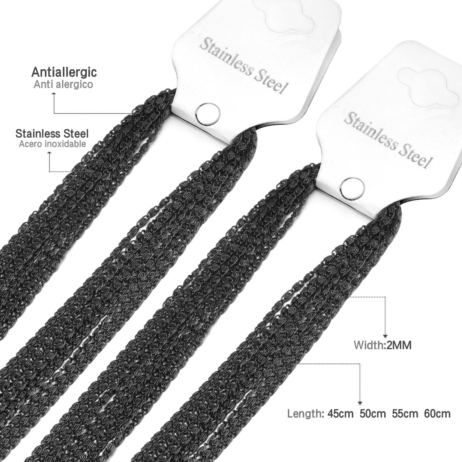 ASON 10pcs / 2mm*45cm 50cm 55cm 60cm U-Shape Stainless Steel Chains asonjewelry