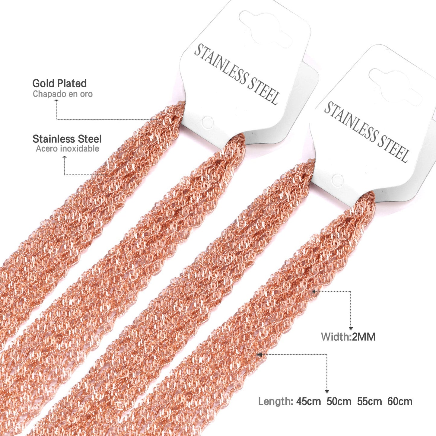 ASON 10pcs / 2mm*45cm 50cm 55cm 60cm Stainless Steel Chain with Ripple Shape asonjewelry