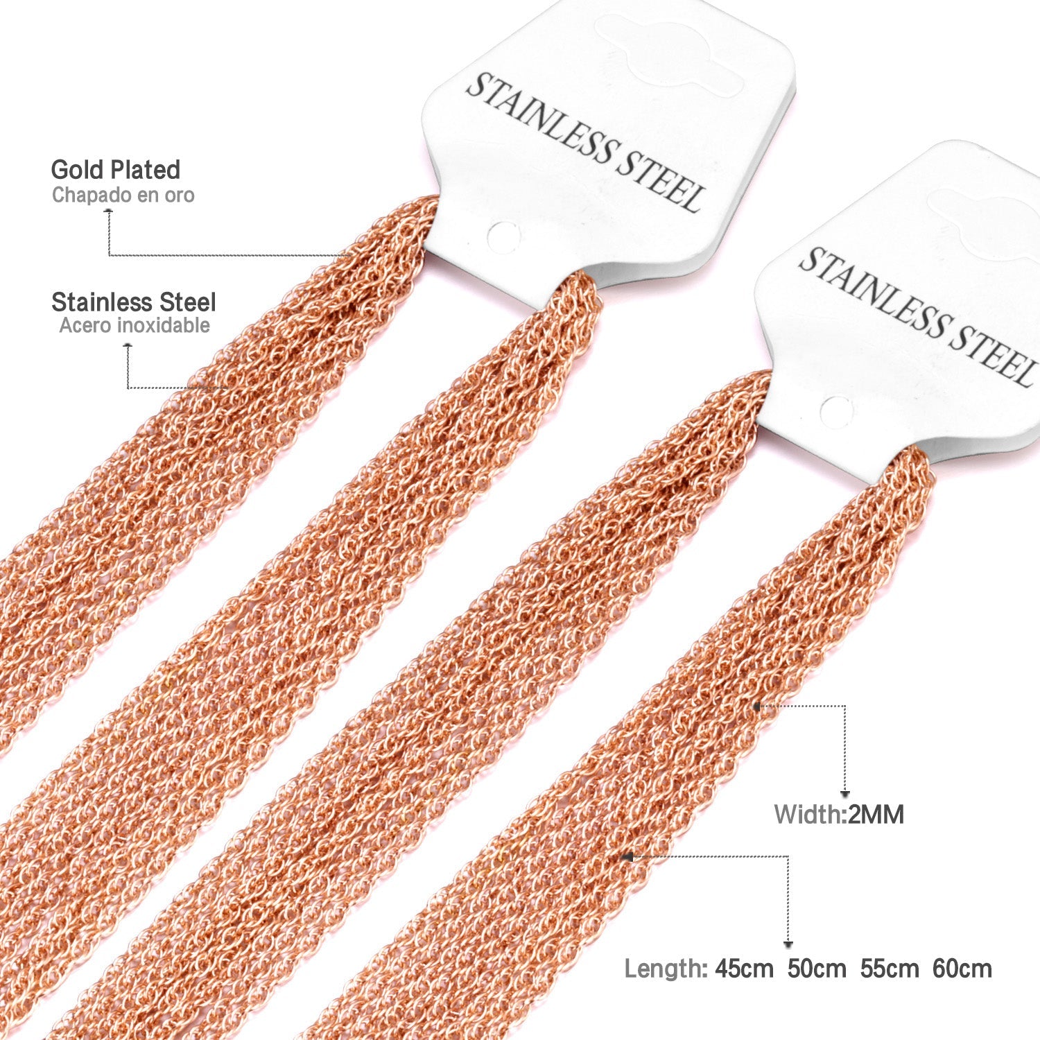 ASON 10pcs / 2mm*45cm 50cm 55cm 60cm Stainless Steel Chain with Round Wire and Double Buckle asonjewelry