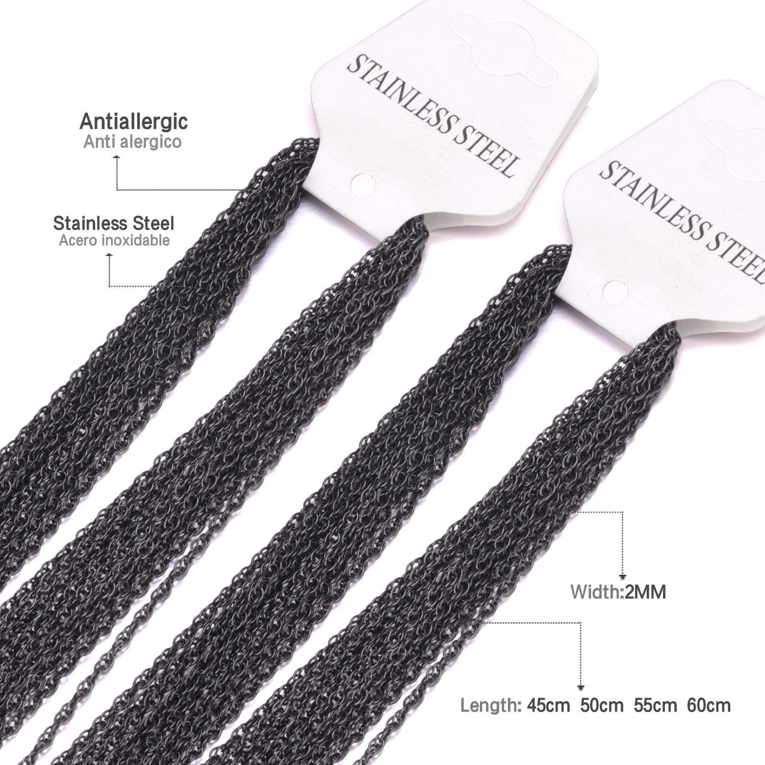 ASON 10pcs / 2mm*45cm 50cm 55cm 60cm Stainless Steel Chain with Round Wire and Double Buckle asonjewelry