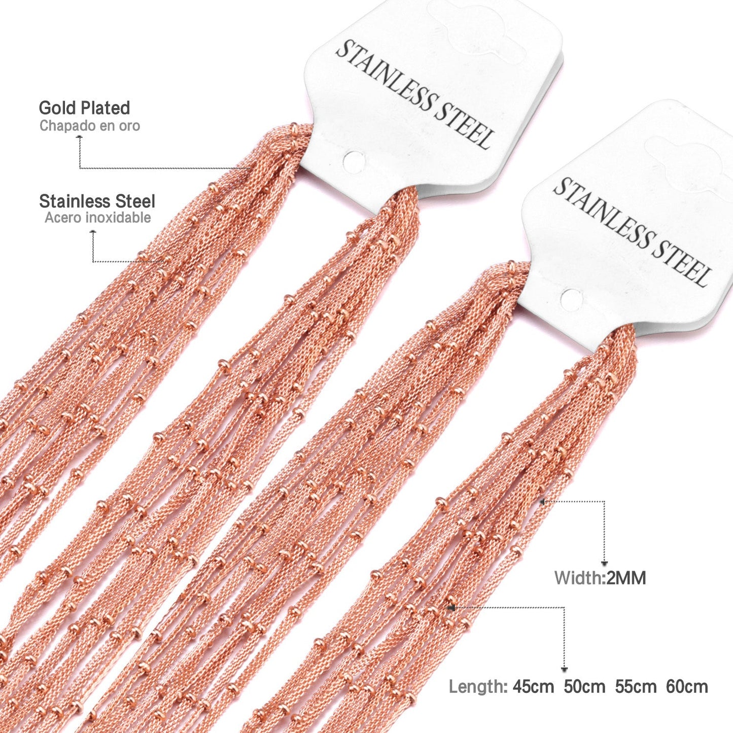 ASON 10pcs / 2mm*45cm 50cm 55cm 60cm Flat Mesh & Beads Stainless Steel with Chains asonjewelry