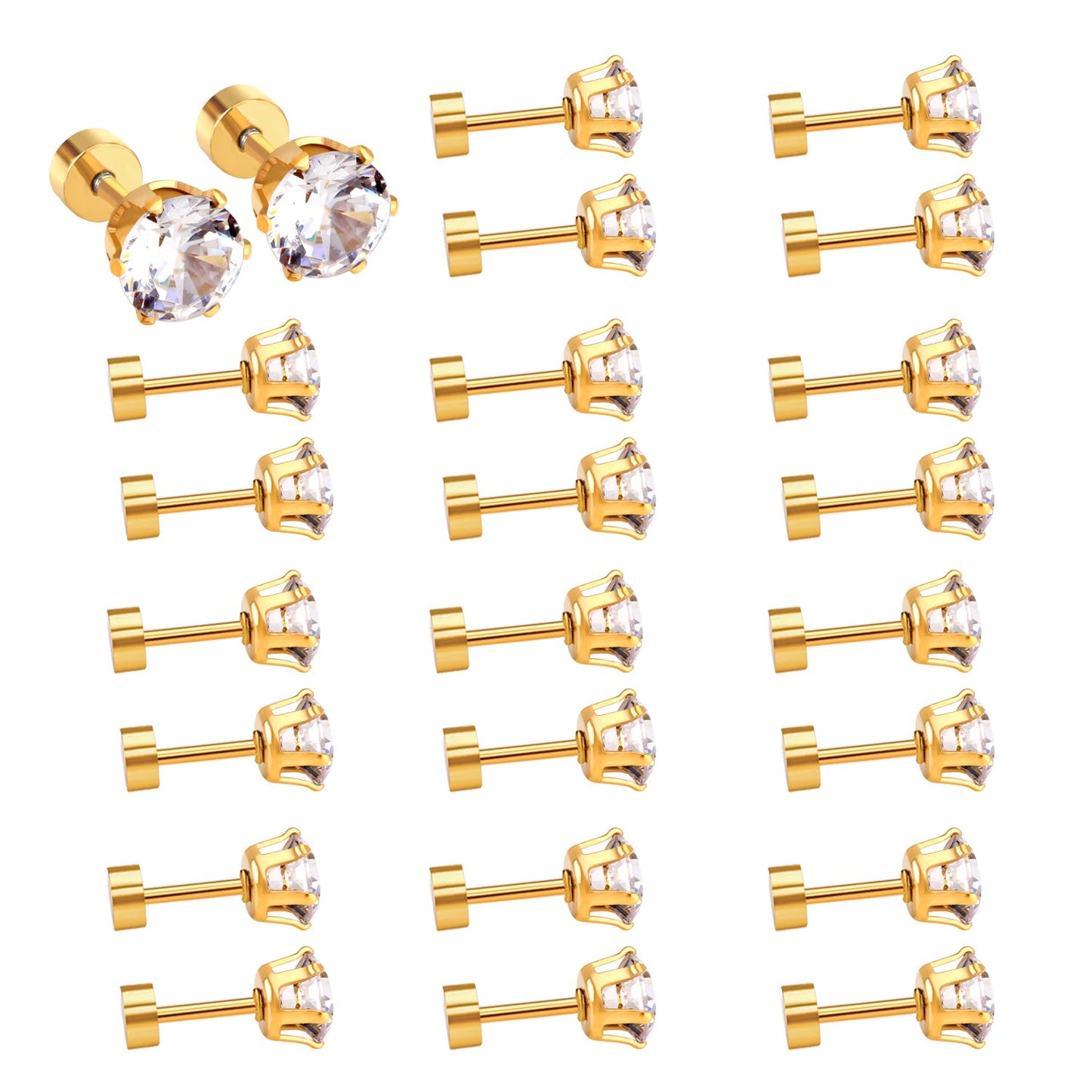 12 pcs3mm~7mm round white diamond screw plugs in gold/steel color asonjewelry
