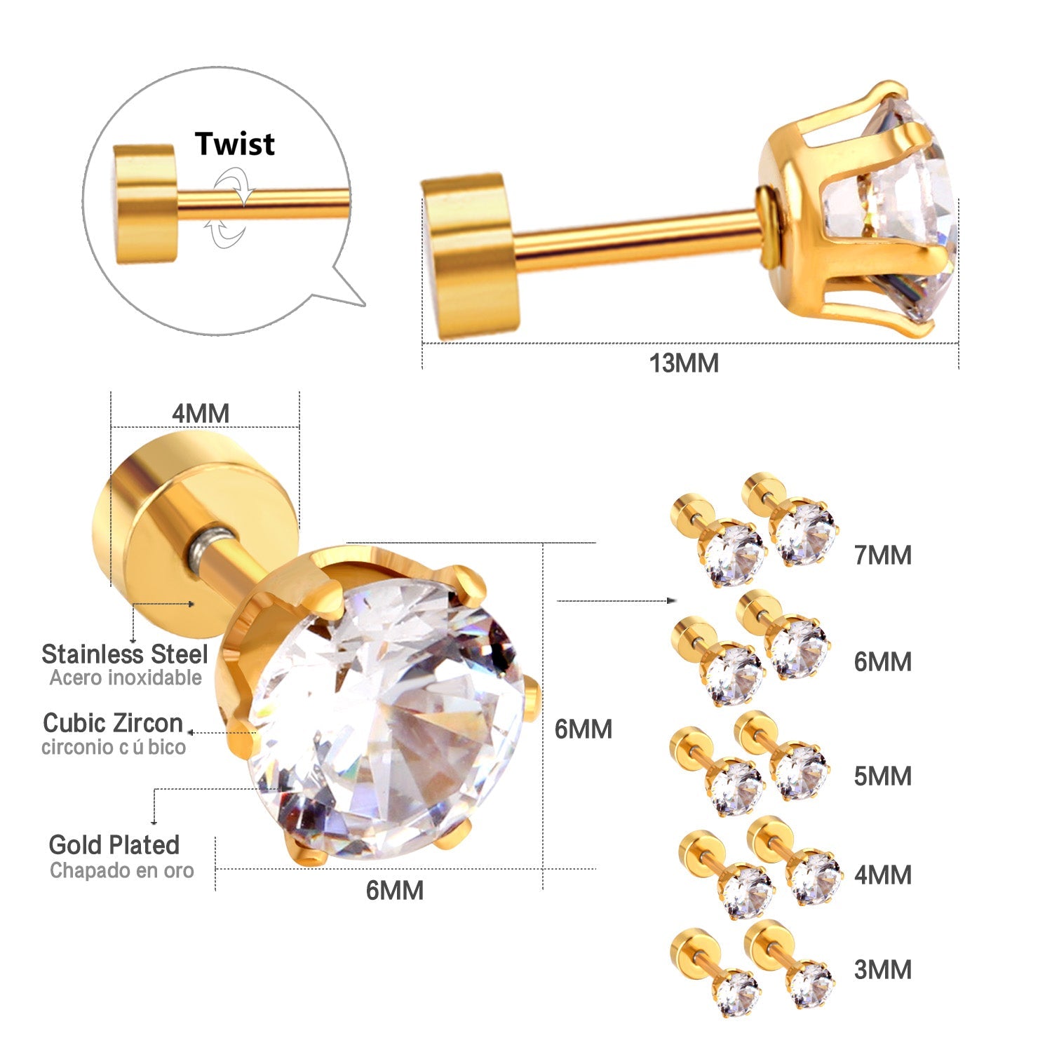 12 pcs3mm~7mm round white diamond screw plugs in gold/steel color asonjewelry