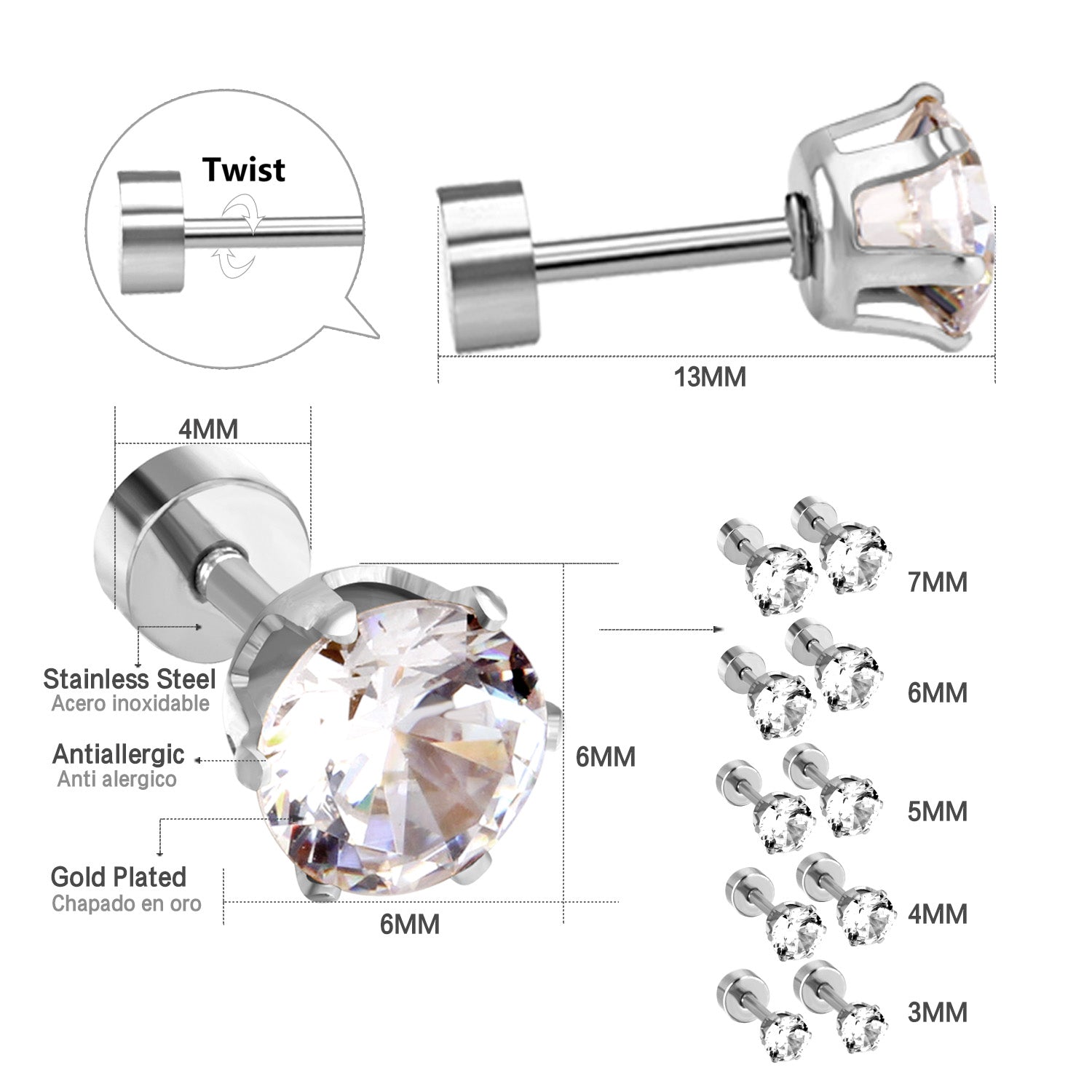 12 pcs3mm~7mm round white diamond screw plugs in gold/steel color asonjewelry