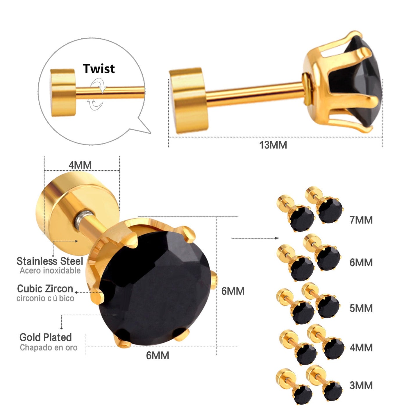 12 pcs3mm~7mm round white diamond screw plugs in gold/steel color asonjewelry