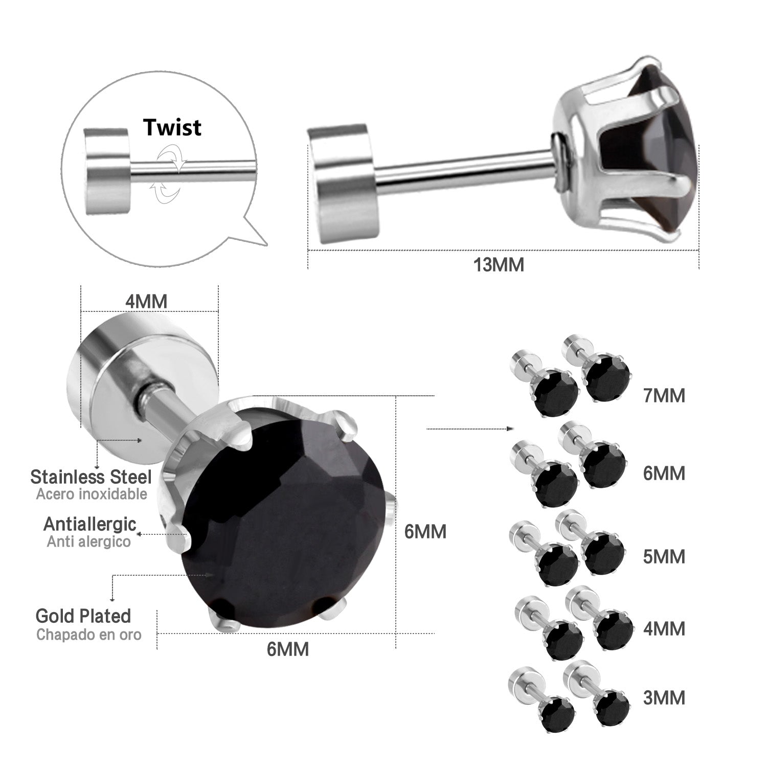 12 pcs3mm~7mm round white diamond screw plugs in gold/steel color asonjewelry