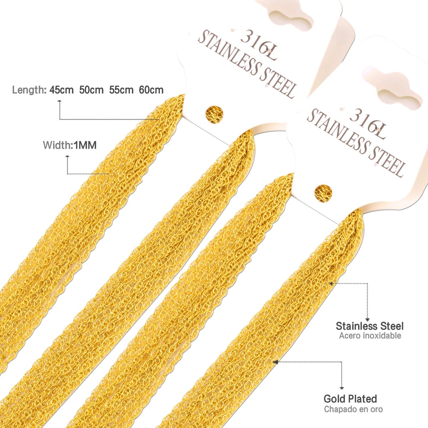 ASON 10pcs / 2mm*45cm 50cm 55cm 60cm Stainless Steel Chain with Round Wire and Double Buckle asonjewelry