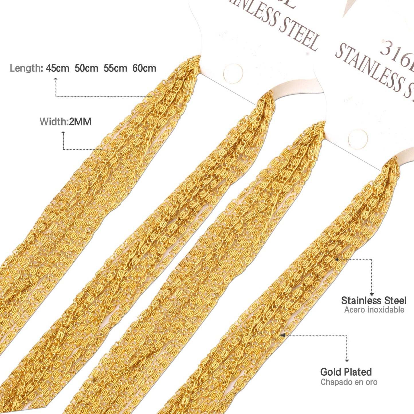 ASON 10pcs / 2mm*45cm 50cm 55cm 60cm U-Shape Stainless Steel Chains asonjewelry