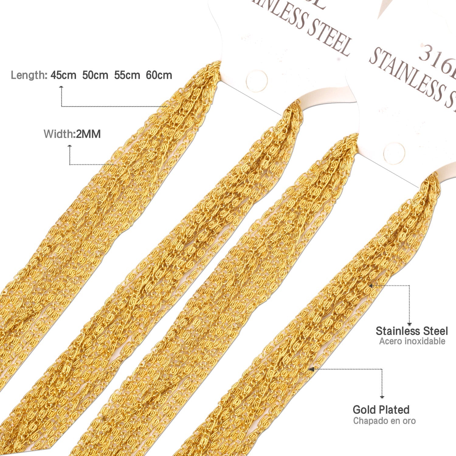 ASON 10pcs / 2mm*45cm 50cm 55cm 60cm U-Shape Stainless Steel Chains asonjewelry