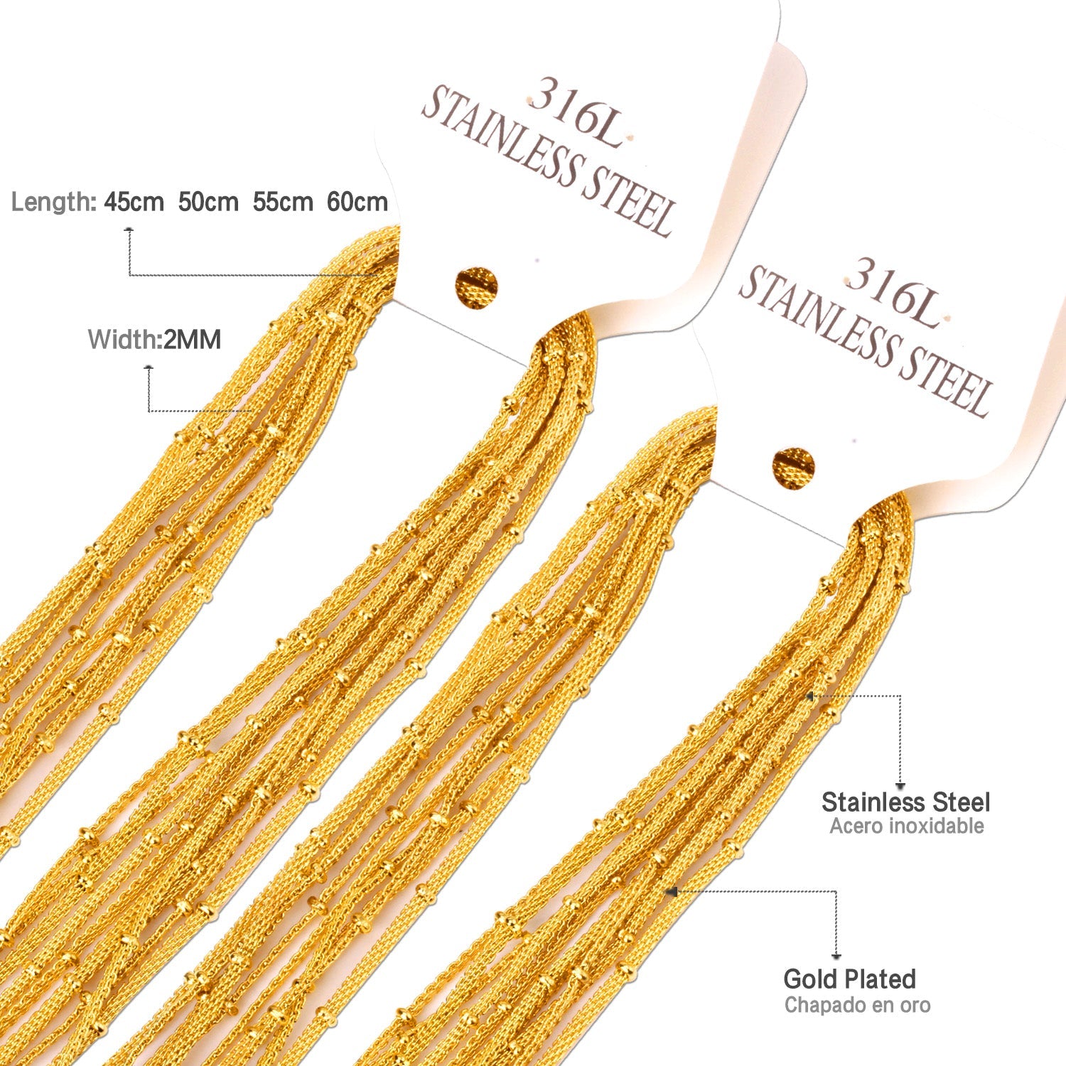 ASON 10pcs / 2mm*45cm 50cm 55cm 60cm Flat Mesh & Beads Stainless Steel with Chains asonjewelry