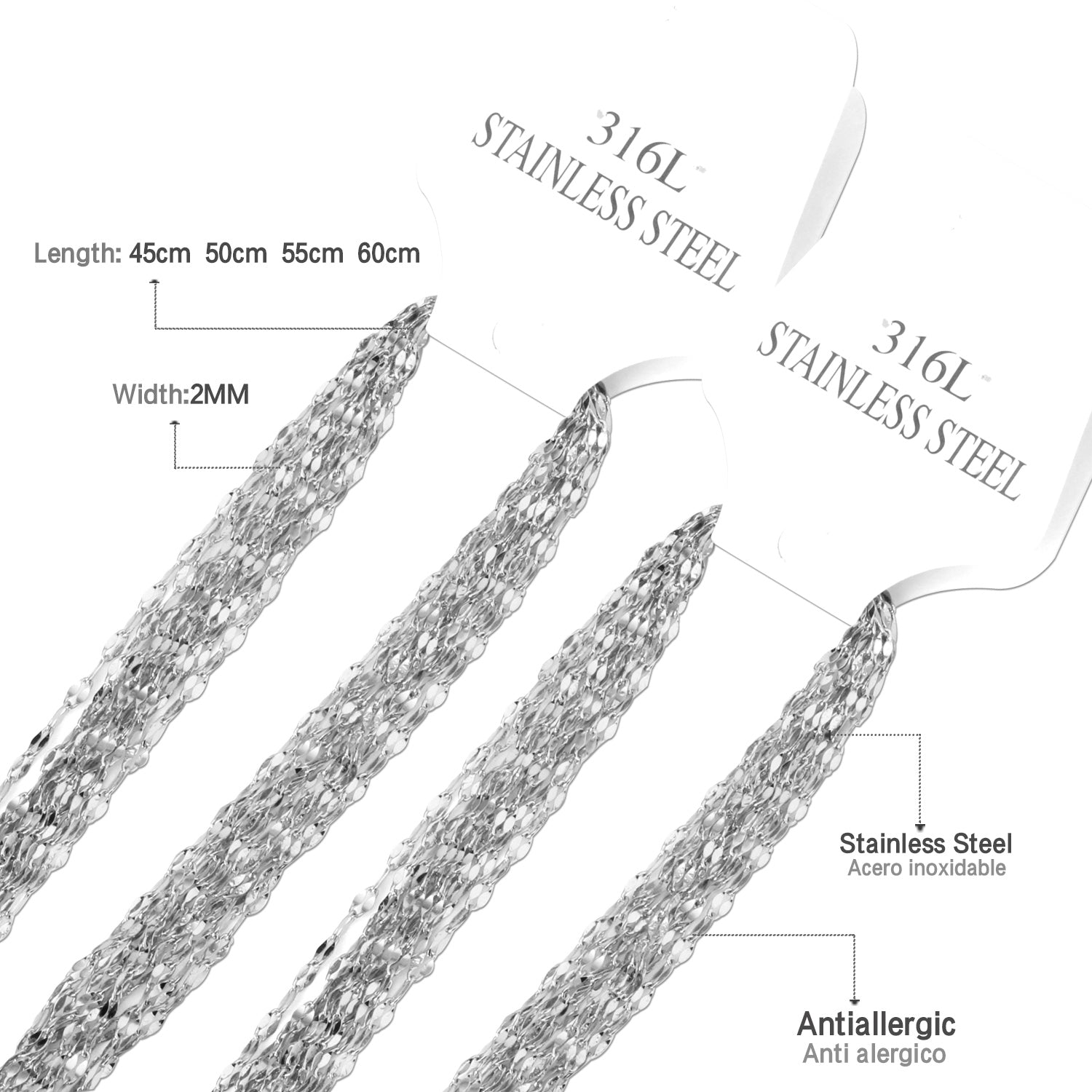 ASON 10pcs / 2mm*45cm 50cm 55cm 60cm Lips Stainless Steel Chains asonjewelry