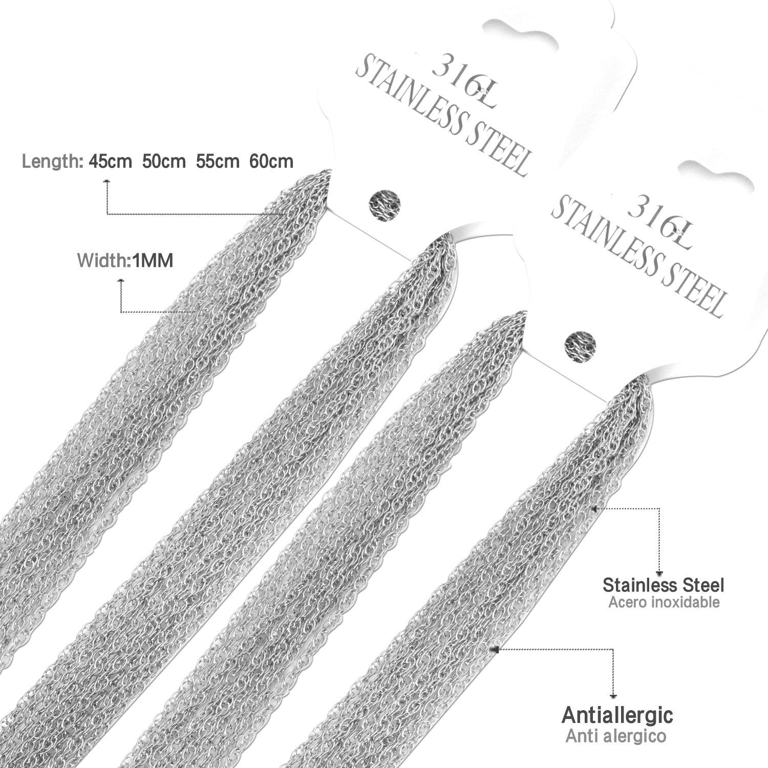 ASON 10pcs / 2mm*45cm 50cm 55cm 60cm Stainless Steel Chain with Round Wire and Double Buckle asonjewelry