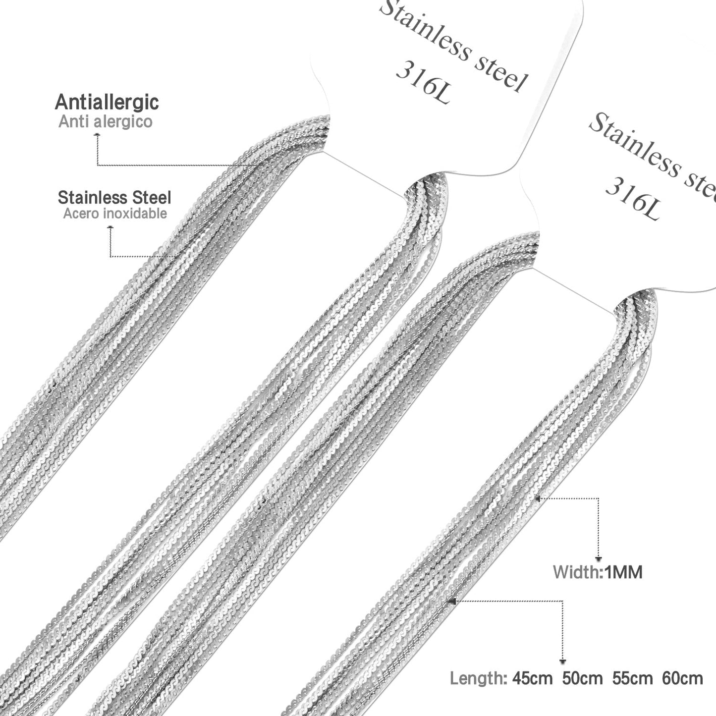 ASON 10pcs / 2mm*45cm 50cm 55cm 60cm S-Shape Stainless Steel Chains asonjewelry