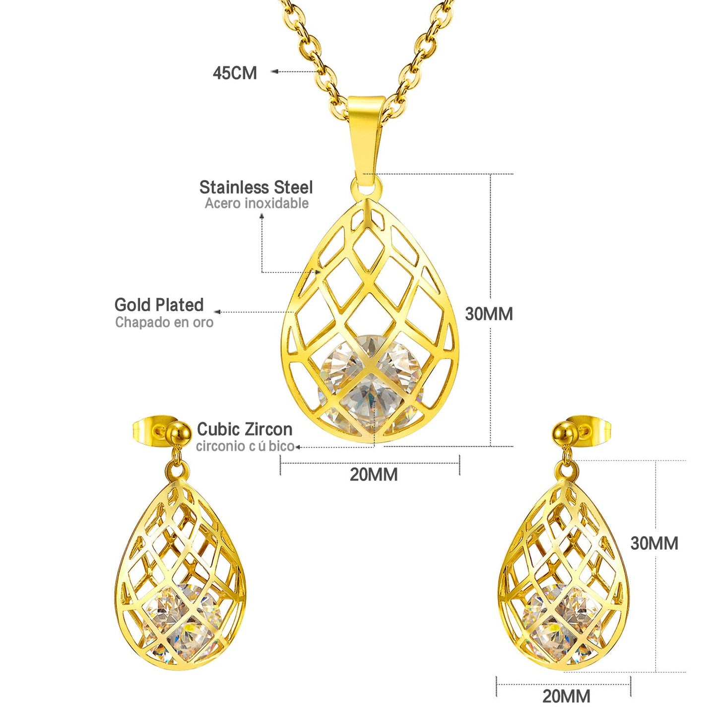 Gold/steel emery mesh hollowed out teardrop interior + diamond jewelry set asonjewelry