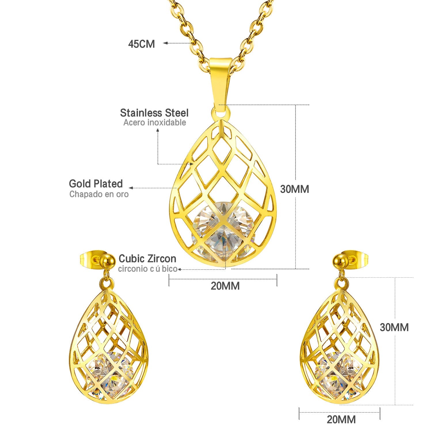 Gold/steel emery mesh hollowed out teardrop interior + diamond jewelry set asonjewelry