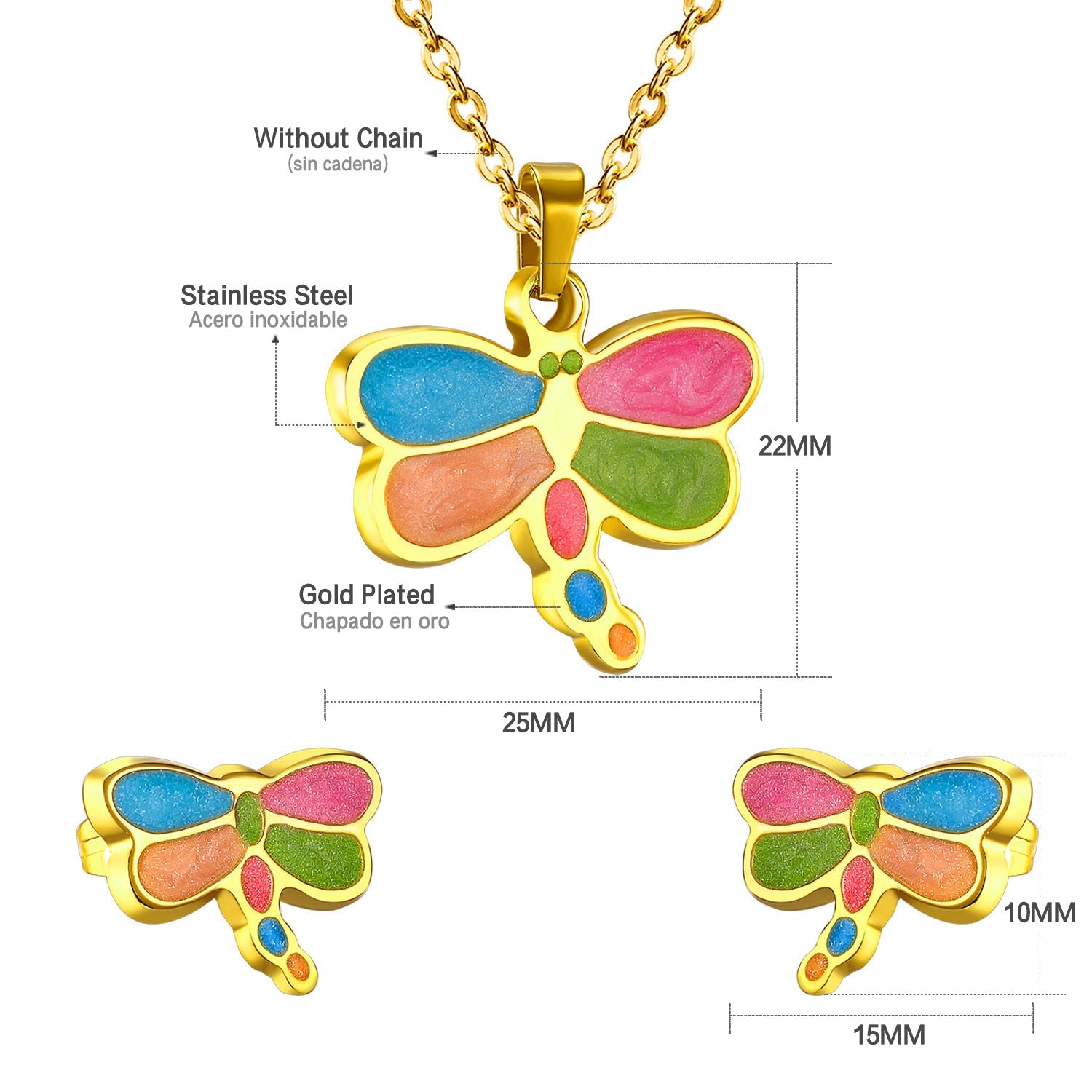 Jewelry set in gold/steel with cut dragonfly wings in several colors. asonjewelry