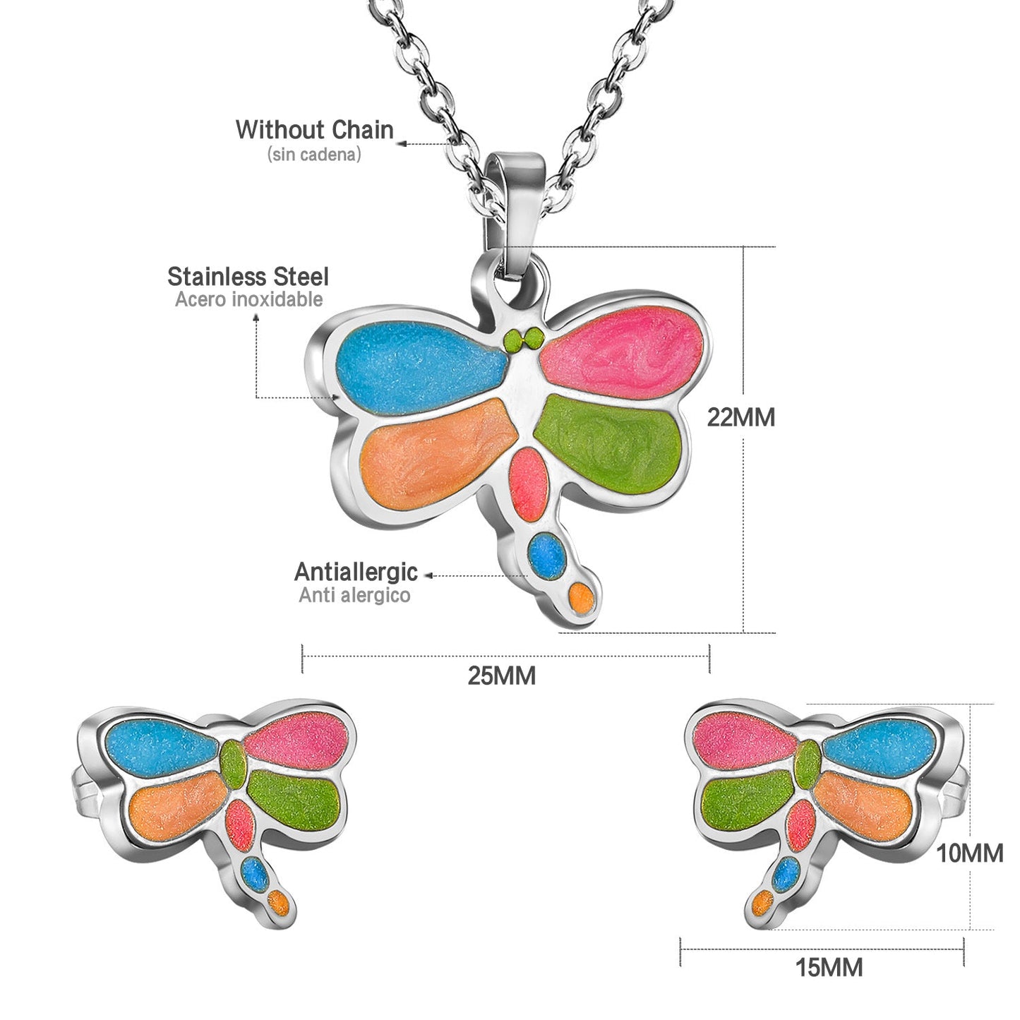 Jewelry set in gold/steel with cut dragonfly wings in several colors. asonjewelry